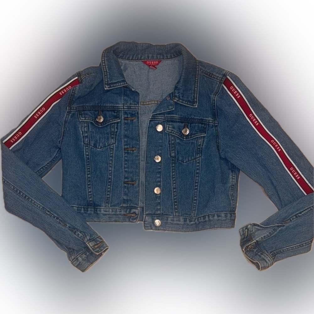 Guess Cropped Denim Jacket with Red Stripe Detail
